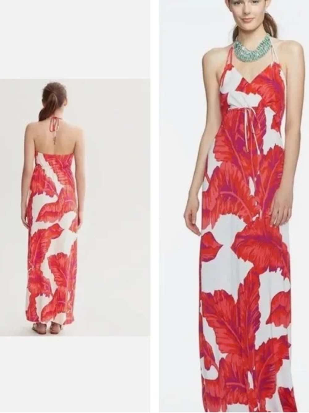 Milly Red and White Tropical Halter Maxi Dress